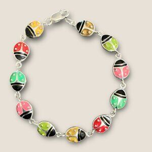 Colorful Enamel Ladybug Bracelet 7.5 Inch  Silver-Tone Links And Lobster Clasp